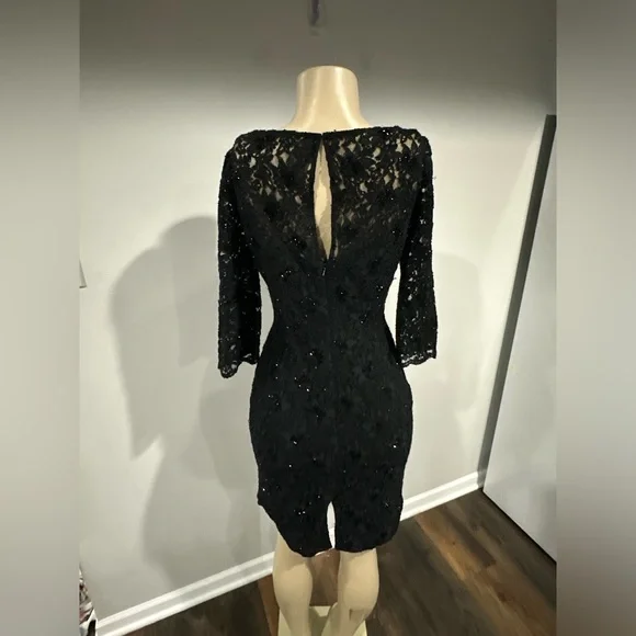 CARMEN Carmen Marc Valvo Dress Size 4 Women Black Lace Sequin Black Small Beaded - Picture 4 of 7